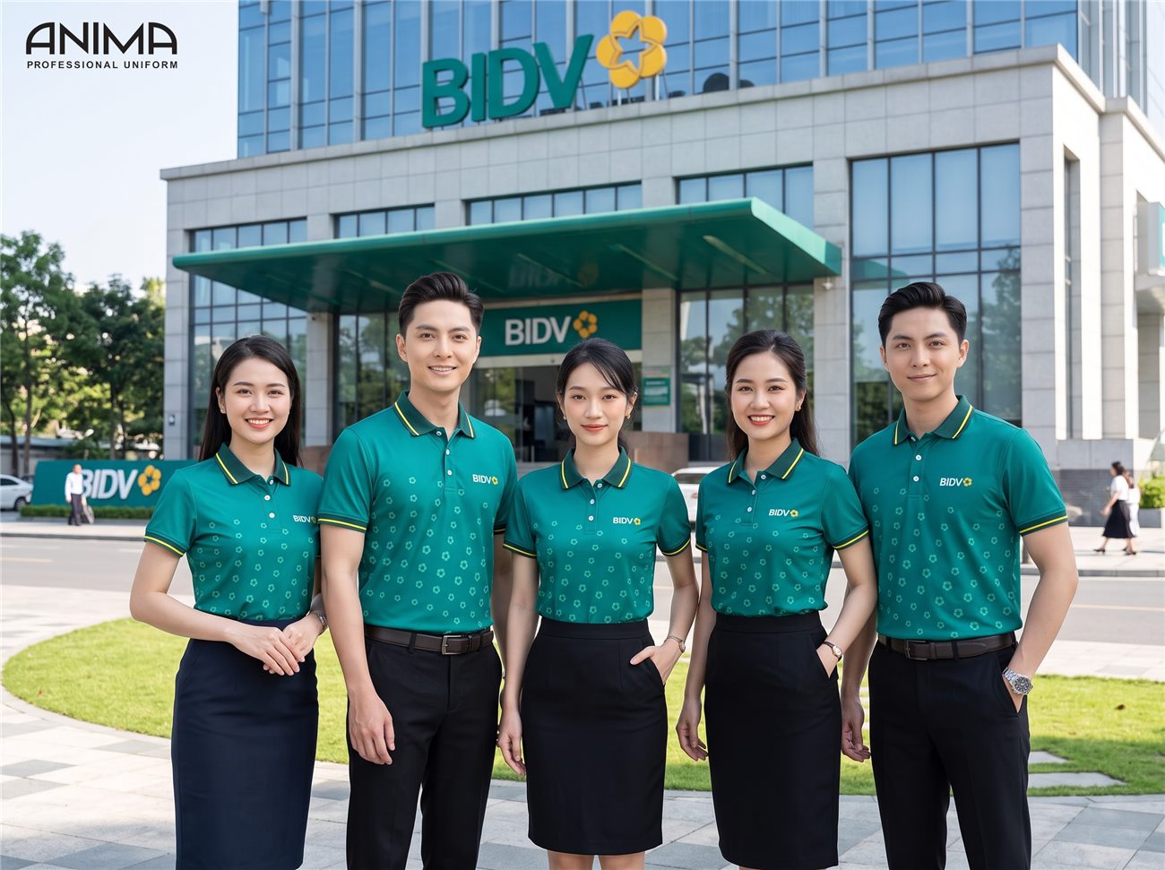Nhân viên BIDV mặc đồng phục polo xanh do ANIMA may trước trụ sở ngân hàng — đồng phục ngân hàng theo nhận diện thương hiệu