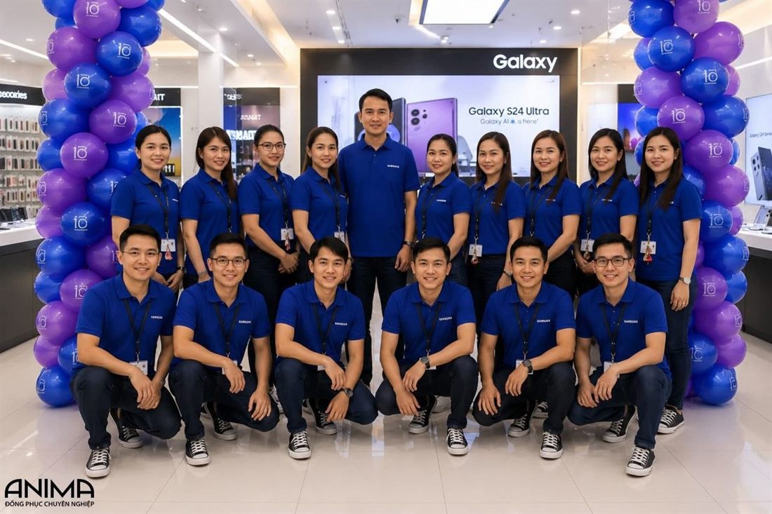 đội ngũ cửa hàng Samsung mặc áo polo đồng phục xanh do ANIMA thực hiện