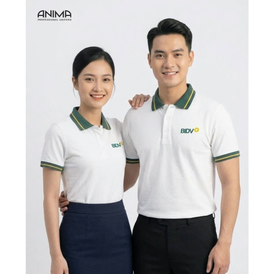 BIDV — Polo trắng viền xanh lá — mẫu thiết kế đồng phục ngân hàng ANIMA