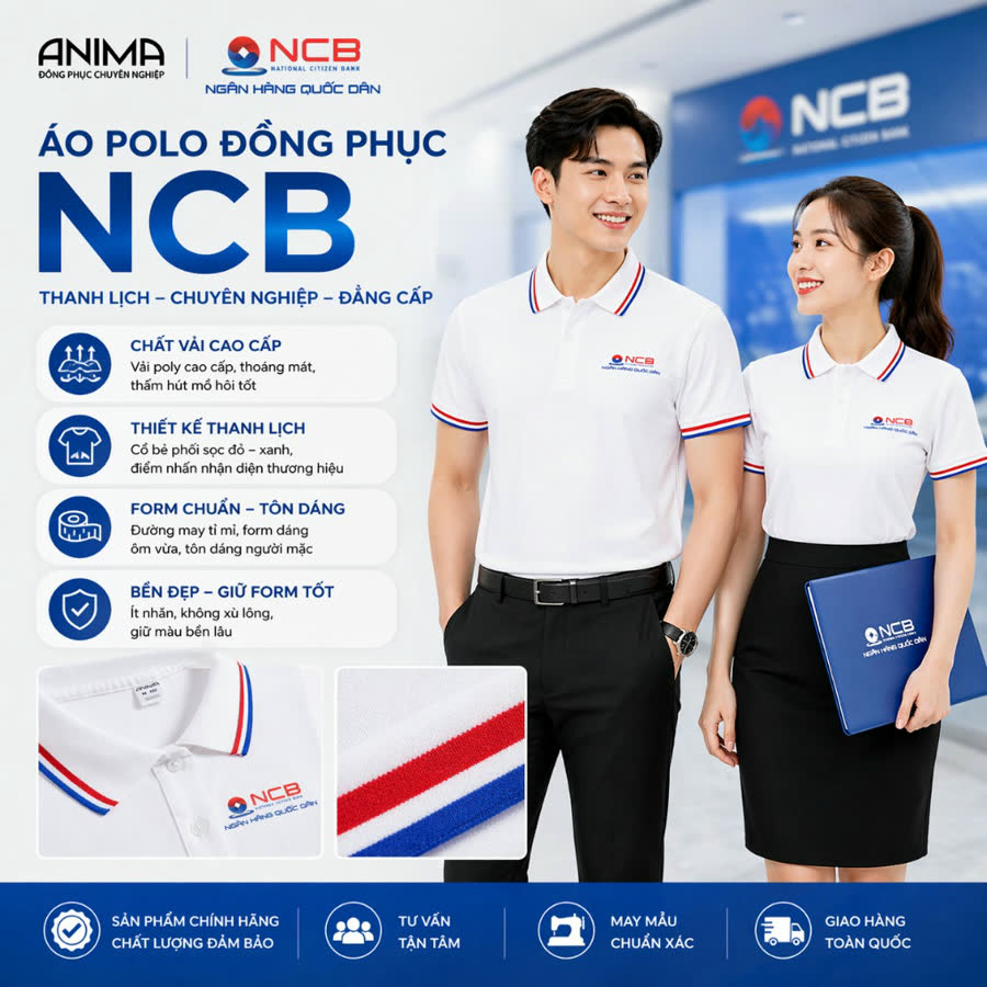 NCB — Polo trắng viền đỏ xanh — mẫu thiết kế đồng phục ngân hàng ANIMA