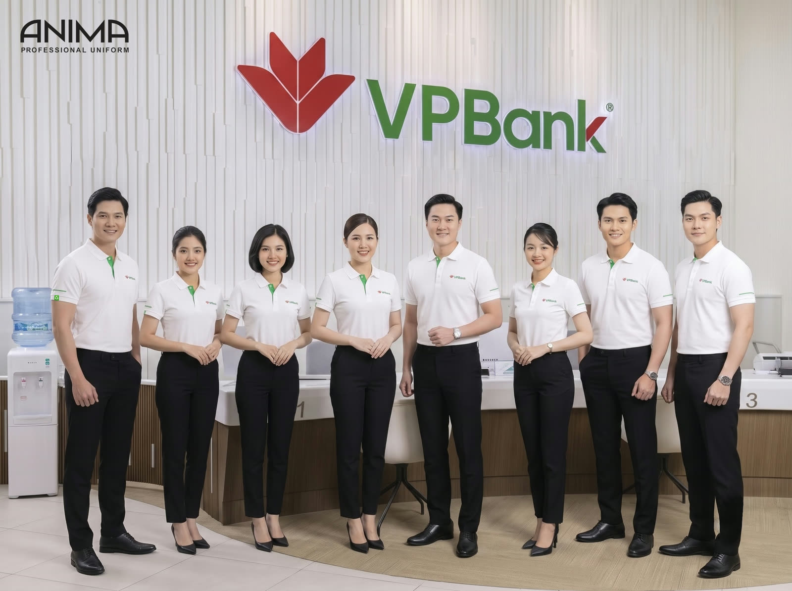 VPBank — Cả đội tại quầy giao dịch — mẫu thiết kế đồng phục ngân hàng ANIMA